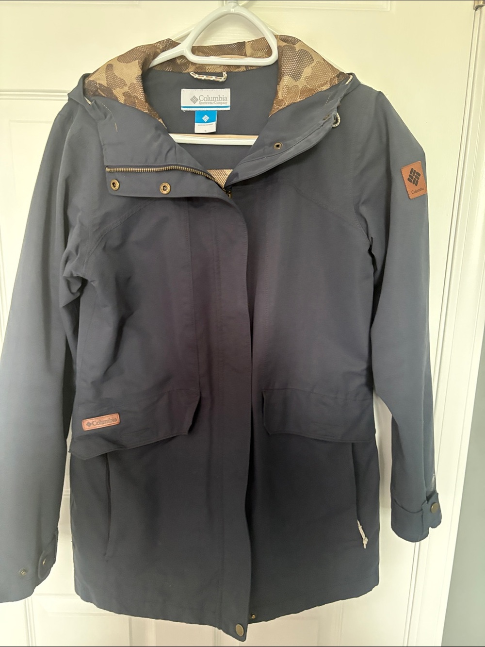 Columbia Women's Dark Navy Hooded Trench Coat with Camo Lining